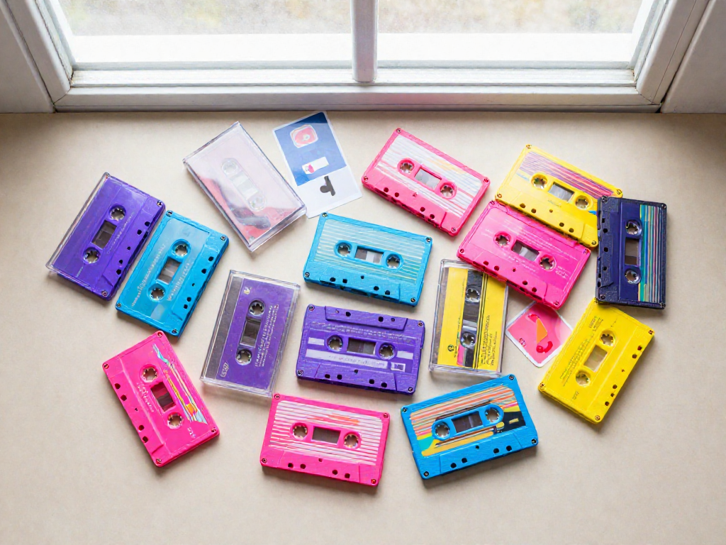 Overhead shot of various colorful cassette tapes from the 1980s and 1990s laid out on a surface.