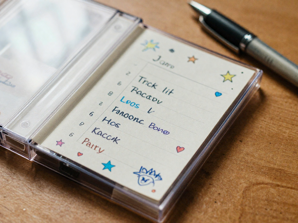 A cassette tape with a handwritten mixtape label decorated with doodles and a tracklist.