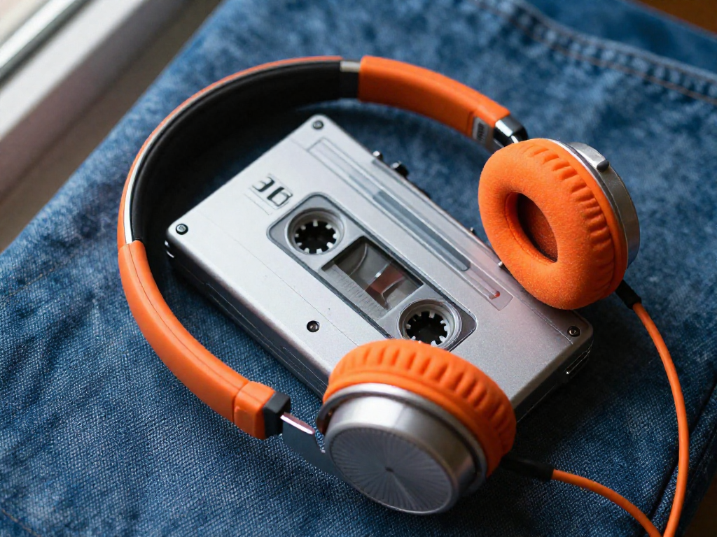 A vintage Sony Walkman portable cassette player with orange foam headphones attached.