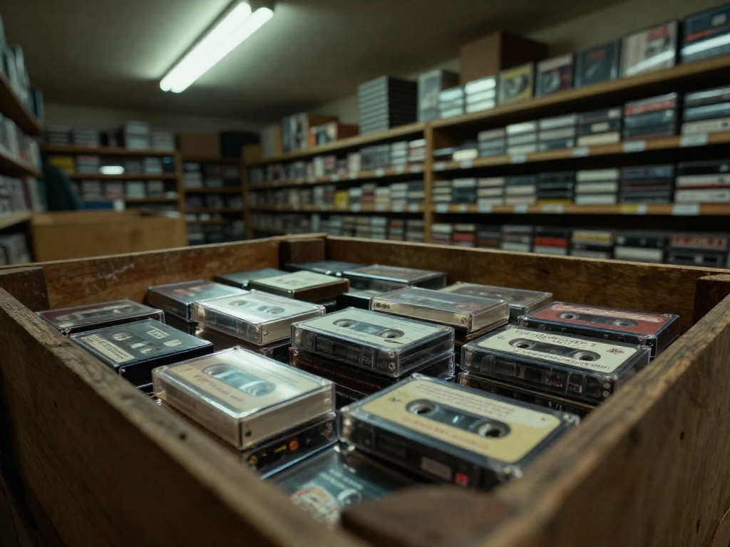A crate full of used cassette tapes at a thrift store, with more on shelves behind.