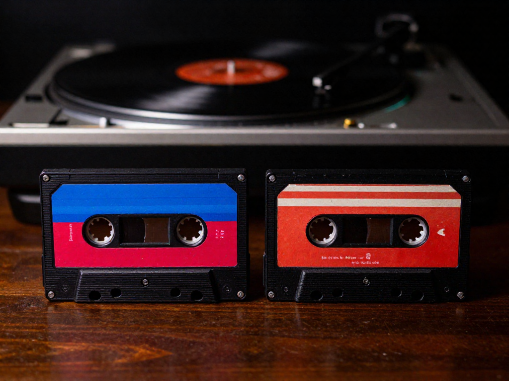 A cassette tape sitting next to a vinyl record on a wooden surface.