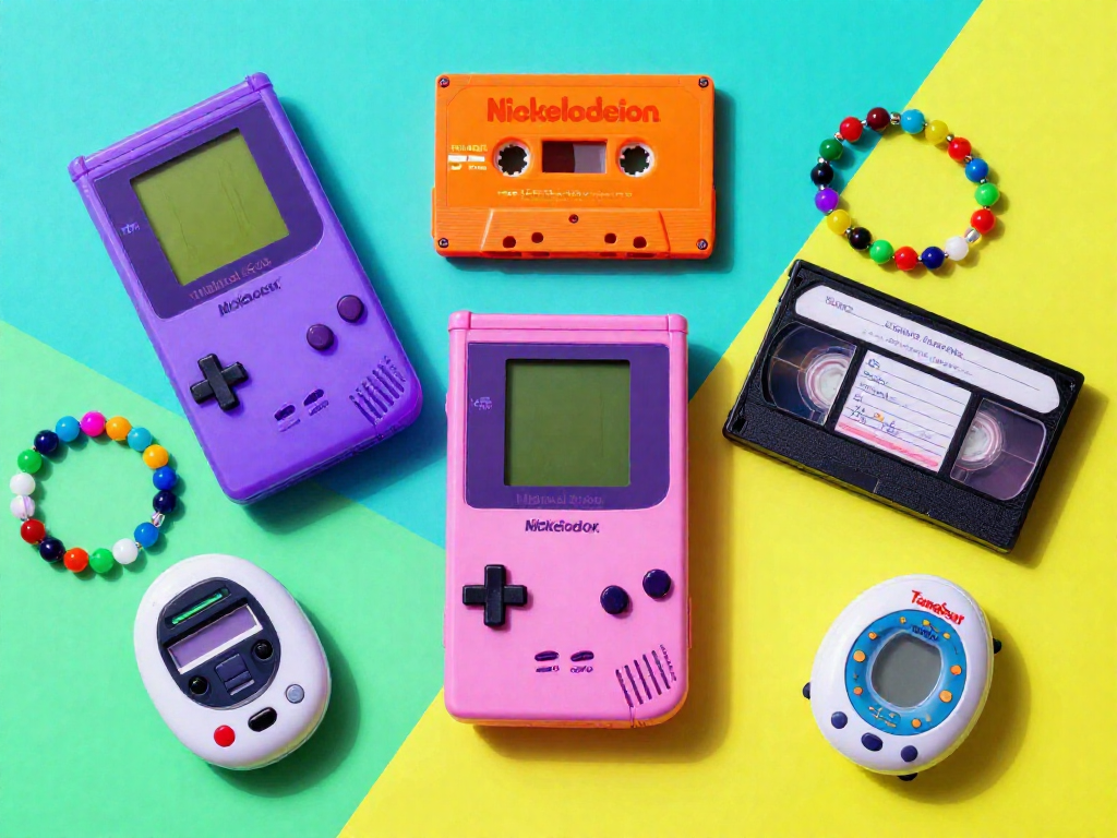Overhead view of iconic 1990s toys and media: a Game Boy, cassette tape, slap bracelet, VHS tape, camera, pager, and Tamagotchi arranged on a colorful surface.