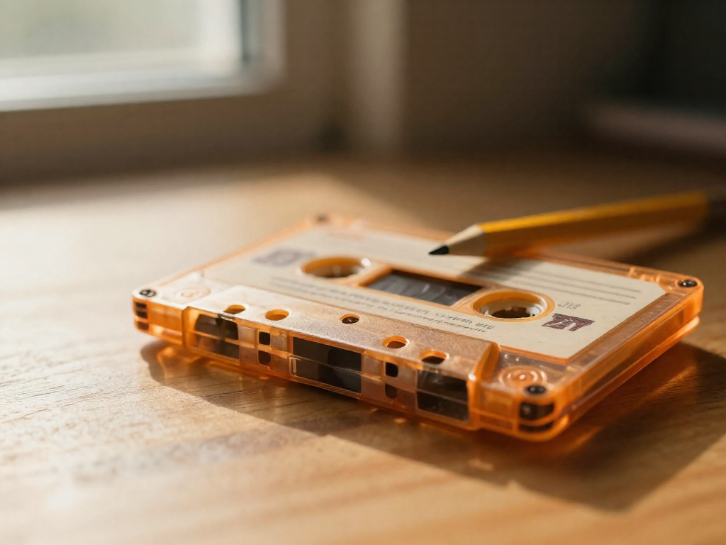 Close-up of a cassette tape with a pencil inserted into the spool, resting on a wooden surface in warm sunlight.