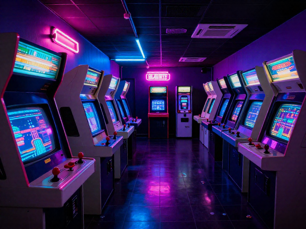 A moody arcade aisle lined with glowing retro game cabinets, reflecting neon lights on the floor.