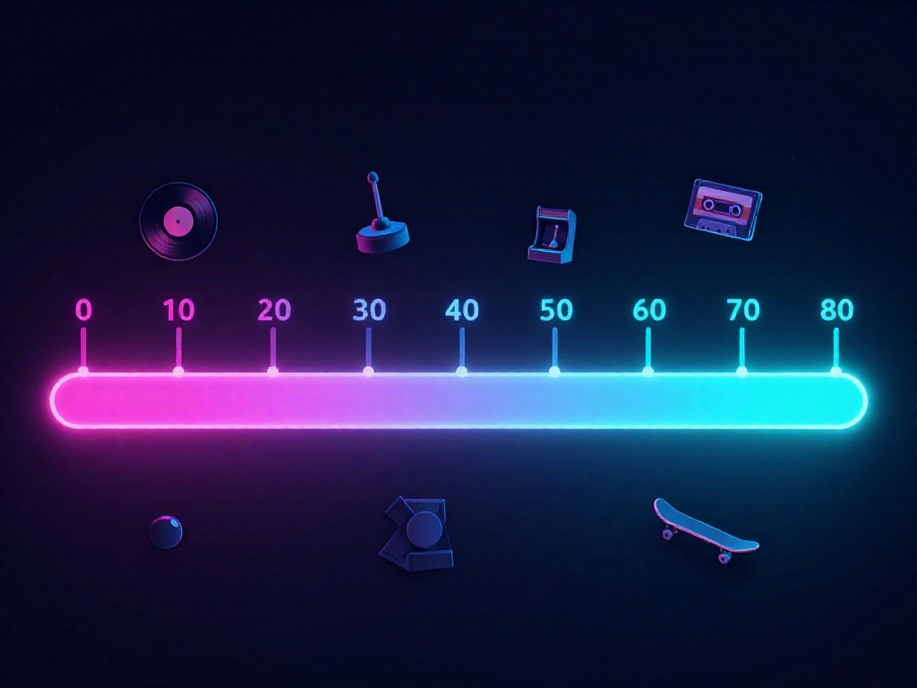 Infographic illustration of a timeline from birth to age 80, highlighting a bright section between ages 10 and 30 with nostalgic icons like a record, joystick, and cassette.