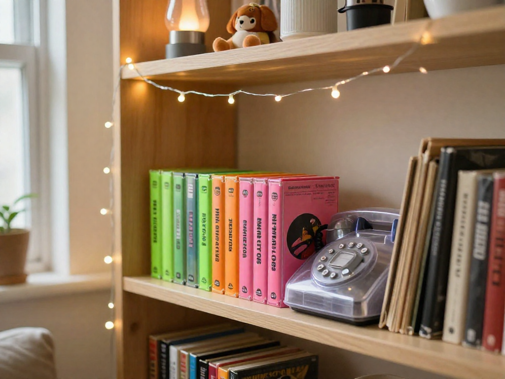 A cozy shelf with retro VHS tapes, a vintage phone, records, a plush toy, and string lights in a warm, inviting room.